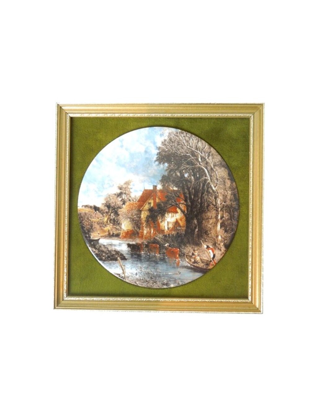 Vintage Healacraft England Framed Ceramic Landscape Plaque Velvet Mat 7.6"